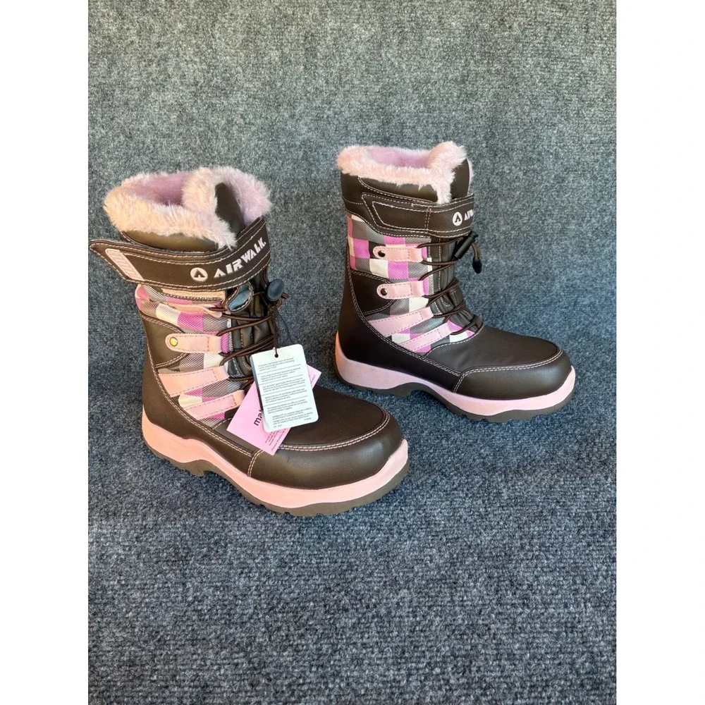 Airwalk Snow Boots Girls Size 1 Pink Brown Plaid Insulated Winter Boots